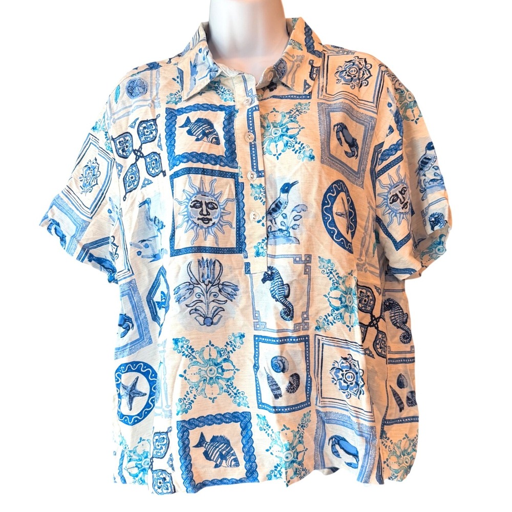 Jane + Delancey Womens Large Blue Coastal Seashell Rayon Linen Button Shirt NWT